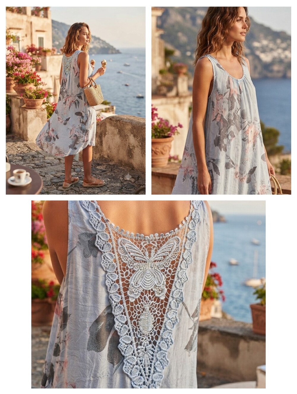 Elena Baldi 100% Silk Crochet Butterfly Floral Dress 1X Back Light Blue Pink Air